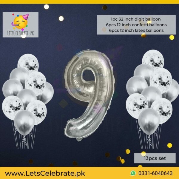 Number 9 Silver Happy Birthday Confetti Balloon set - 13pcs