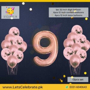 Number 9 Rose Gold Happy Birthday Confetti Balloon set - 13pcs