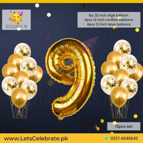Number 9 Golden Happy Birthday Confetti Balloon set - 13pcs