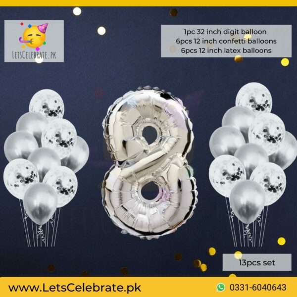 Number 8 silver Happy Birthday Confetti Balloon set - 13pcs