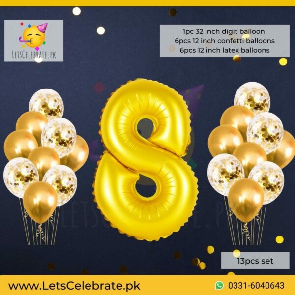 Number 8 golden Happy Birthday Confetti Balloon set - 13pcs