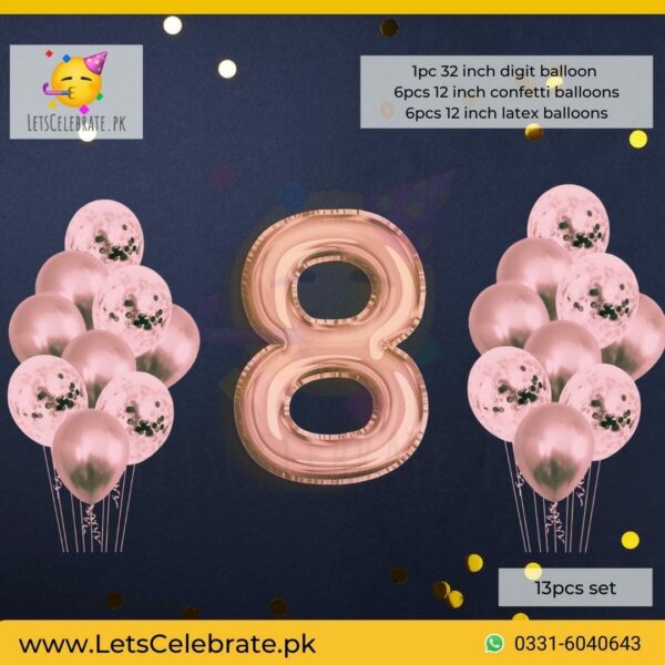 Number 8 rose gold Happy Birthday Confetti Balloon set - 13pcs