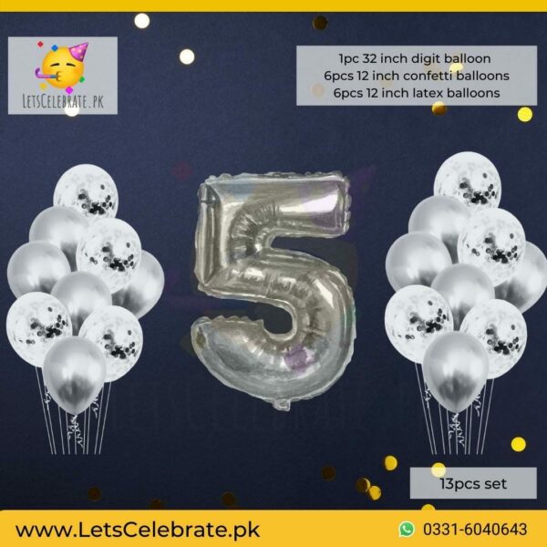 Number 5 Silver Happy Birthday Confetti Balloon set - 13pcs