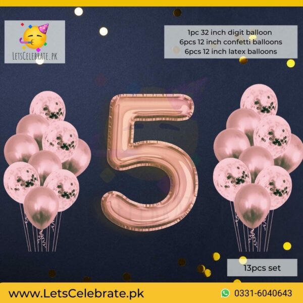 Number 5 Rose Gold Happy Birthday Confetti Balloon set - 13pcs