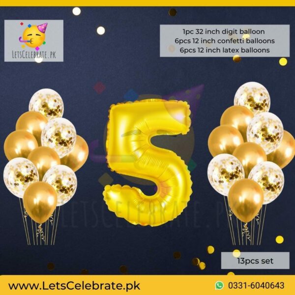 Number 5 Golden Happy Birthday Confetti Balloon set - 13pcs