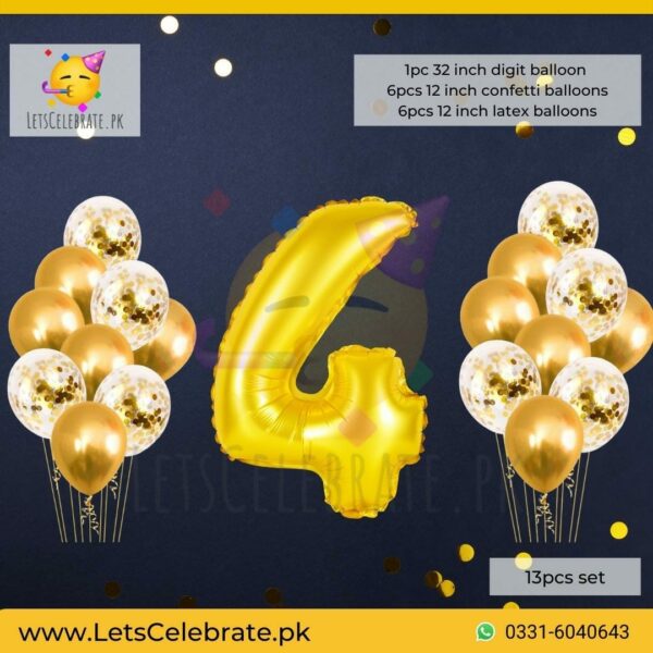 Number 4 Golden Happy Birthday Confetti Balloon set - 13pcs