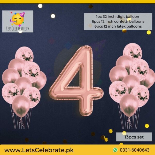 Number 4 Rose Gold Happy Birthday Confetti Balloon set - 13pcs