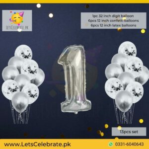 Number 1 silver Happy Birthday Confetti Ballon set - 13pcs