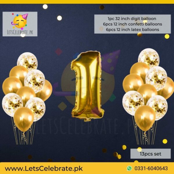 Number 1 Golden Happy Birthday Confetti Ballon set - 13pcs