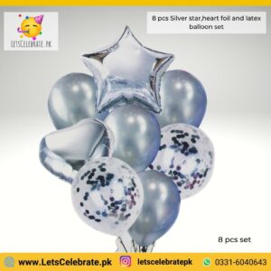 8 Pcs Silver multi confetti balloons set, star/heart foil balloons , latex balloons