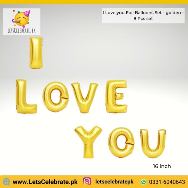 I love you alphabets 16 inch foil balloon set - golden color - 8 pcs set