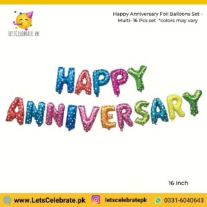 Happy Anniversary alphabets Foil balloon set - multi color - 16pcs set