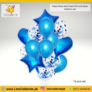 14pcs blue multi confetti balloons set, star/heart foil balloons , latex balloons
