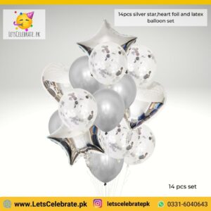 14pcs silver multi confetti balloons set, star/heart foil balloons , latex balloons