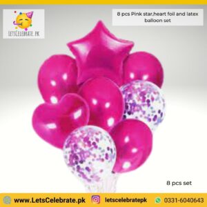 8 Pcs Pink multi confetti balloons set, star/heart foil balloons , latex balloons