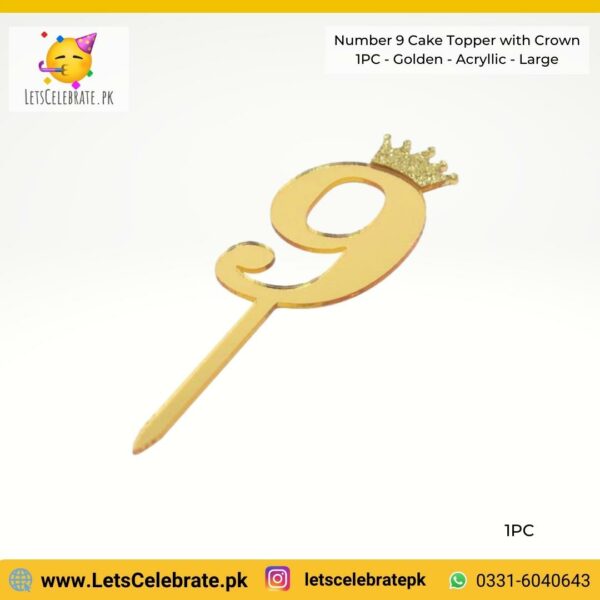 Number 9 Digit with crown Cake Topper - golden