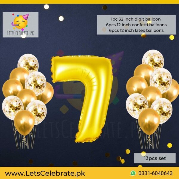 Number 7 Golden Happy Birthday Confetti Balloon set - 13pcs