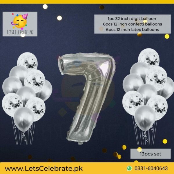 Number 7 Silver Happy Birthday Confetti Balloon set - 13pcs