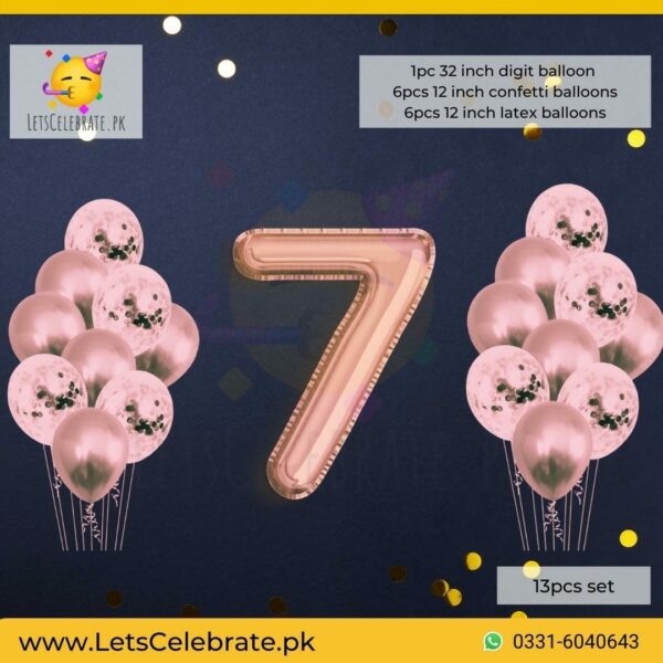 Number 7 Rose Gold Happy Birthday Confetti Balloon set - 13pcs