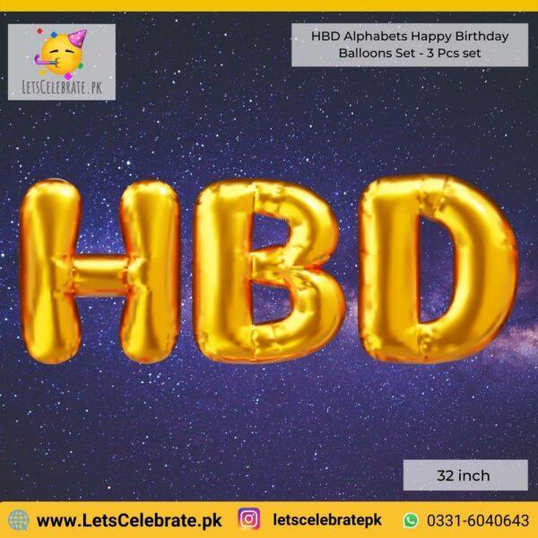 HBD Happy Birthday alphabets 32 inch foil balloons set - golden