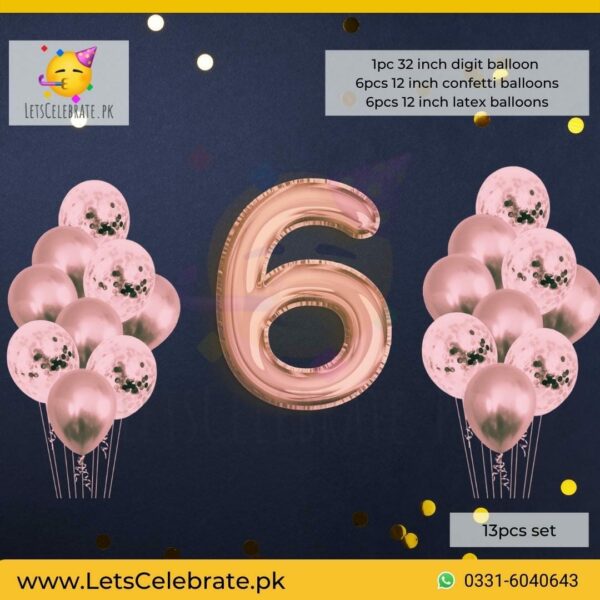 Number 6 Rose Gold Happy Birthday Confetti Balloon set - 13pcs