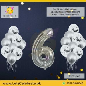 Number 6 Silver Happy Birthday Confetti Balloon set - 13pcs