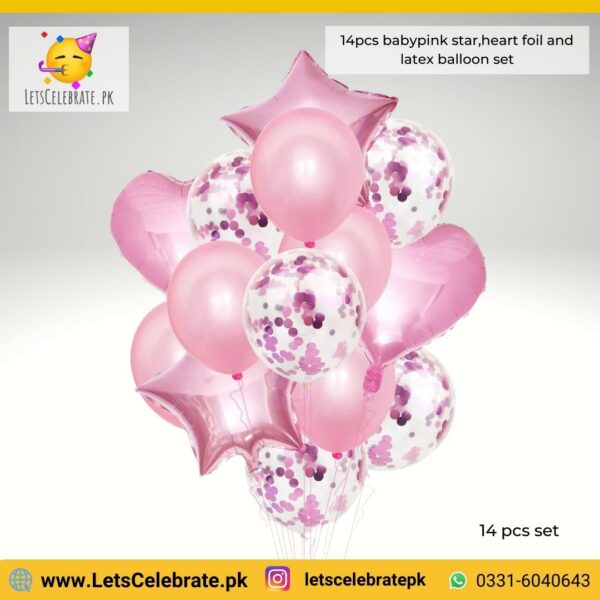 14pcs babypink multi confetti balloons set, star/heart foil balloons , latex balloons