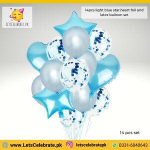 14pcs light blue multi confetti balloons set, star/heart foil balloons , latex balloons