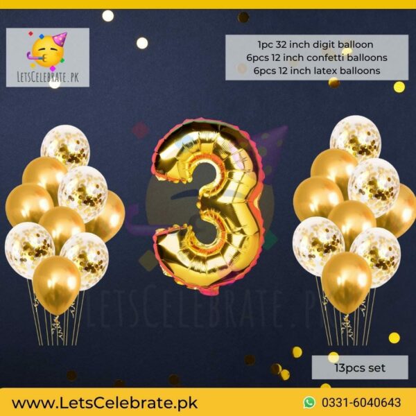 Number 3 Golden Happy Birthday Confetti Balloon set - 13pcs