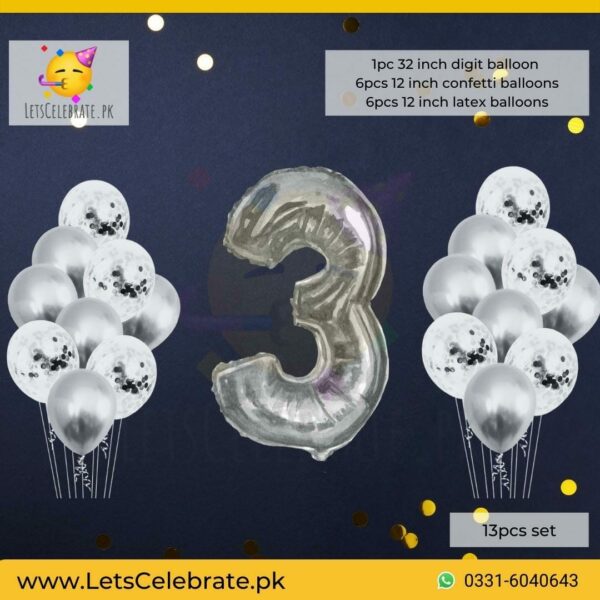 Number 3 Silver Happy Birthday Confetti Balloon set - 13pcs