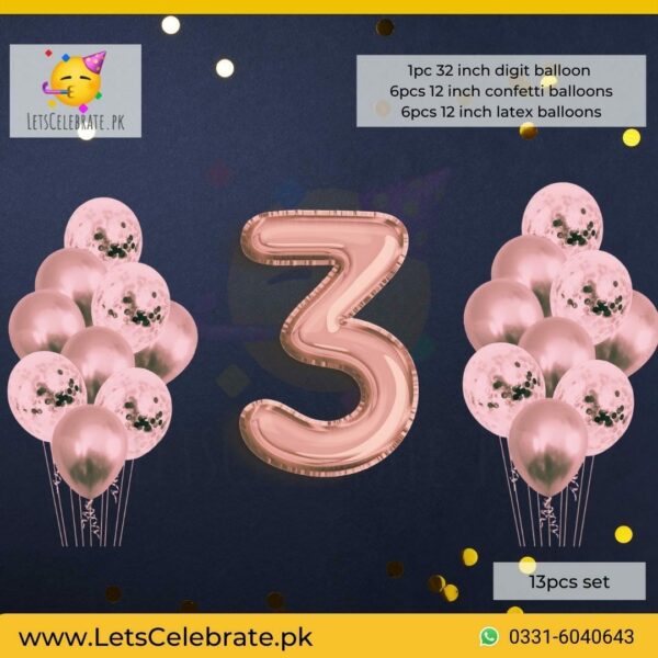 Number 3 Rose Gold Happy Birthday Confetti Balloon set - 13pcs