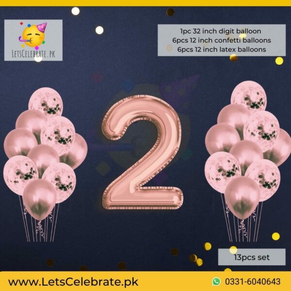 Number 2 Rose Gold Happy Birthday Confetti Balloon set - 13pcs