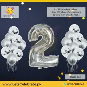 Number 2 Silver Happy Birthday Confetti Balloon set - 13pcs