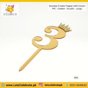 Number 3 Digit with crown Cake Topper - golden