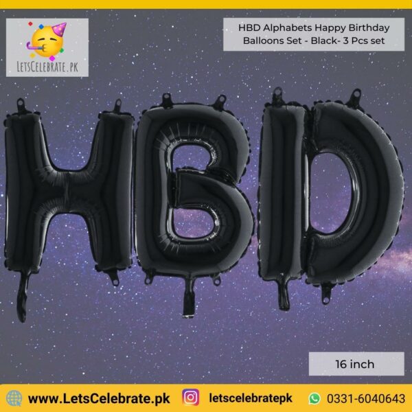 HBD Happy Birthday alphabets 16 inch foil balloons set - black